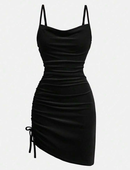 Cowl neck ruched mini dress.