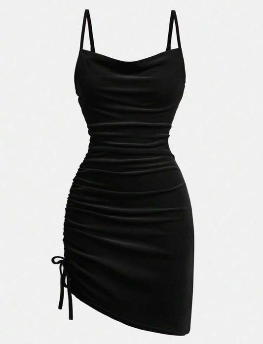 Cowl neck ruched mini dress.